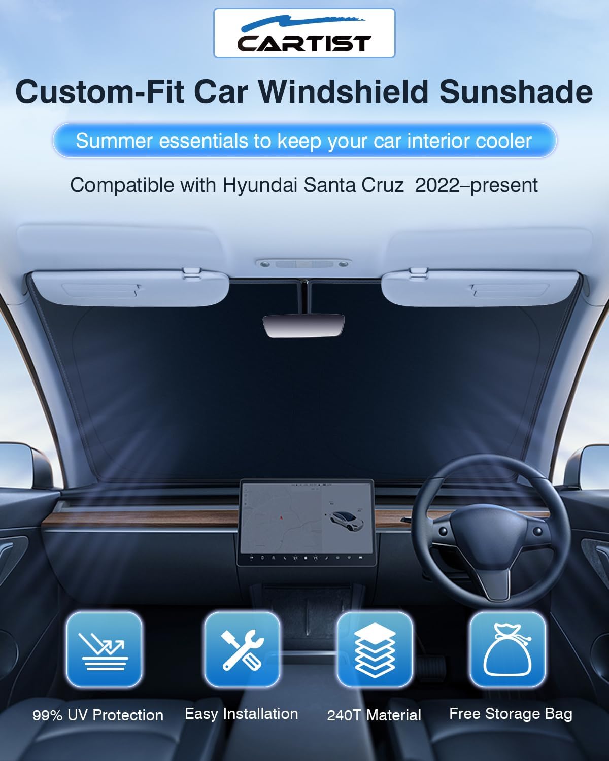Cartist 5-Layer Windshield Sun Shade Fits for Hyundai Santa Cruz 2022-2025 2026 Hyundai Santa Cruz Accessories Foldable Car Front Window Sunshade Sun Visor