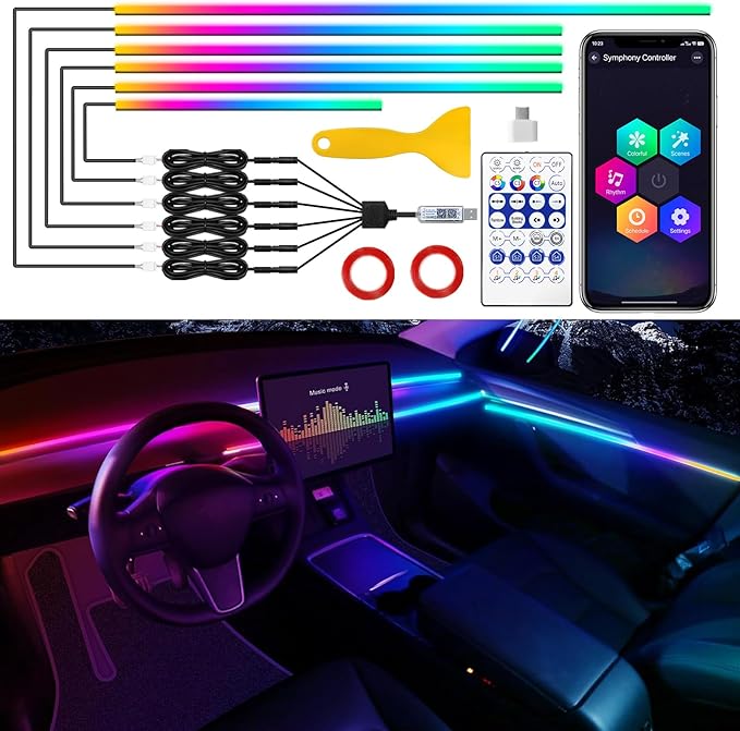Dreamcolor Acrylic Interior Car LED Strip Light with USB/Type C, RGB 6 in 1 with 187 inches 650 LEDs Strip, Dynamic Chasing Music Sync Neon Ambient Lighting Kits