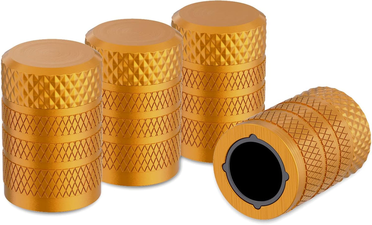 CKAuto Tire Valve Stem Caps, Golden Yellow, 4 pcs/Pack, Anodized Aluminum Tire Valve Cap Set, Corrosion Resistant, Universal Stem Covers for Cars Trucks Motorcycles SUVs and Bikes