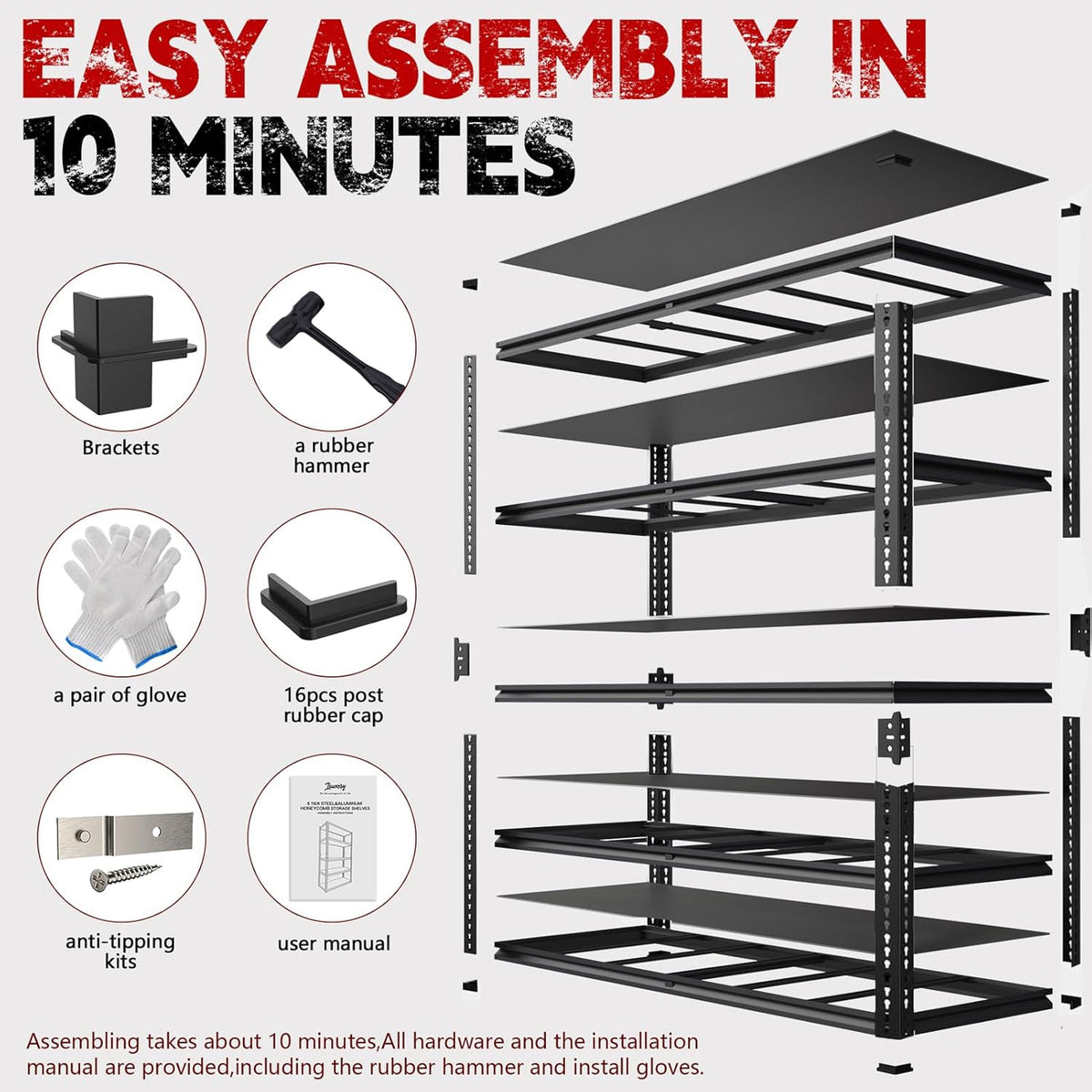 78” H x 55”W x 24”D Metal Garage Shelving, Adjustable 5 - Tier Basement Shelving, Easy Assembly, Large Size Heavy Duty Storage Rack for Garage, Basement & Workshop