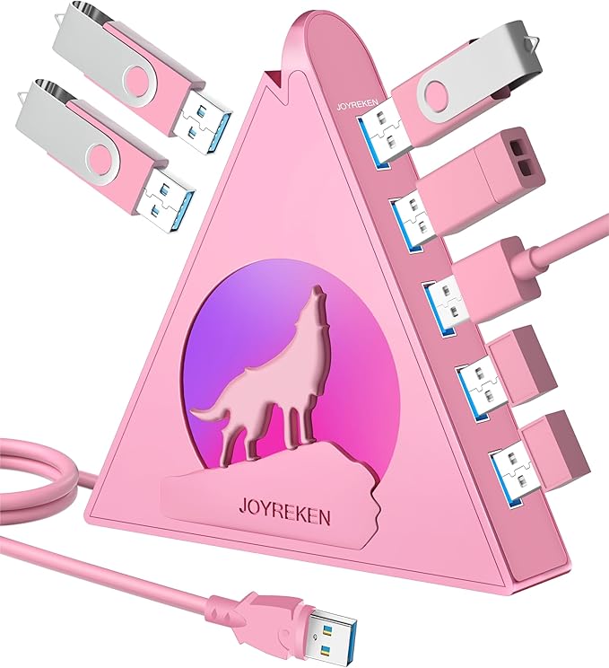 7 USB 3.0 Ports, Howling Wolf Pink USB Hub - 2FT Long Cable, Vertical USB Hub Expander Compatible with PC, Laptop, Flash Drive, HDD, Console, Printer, Keyborad, Mouse