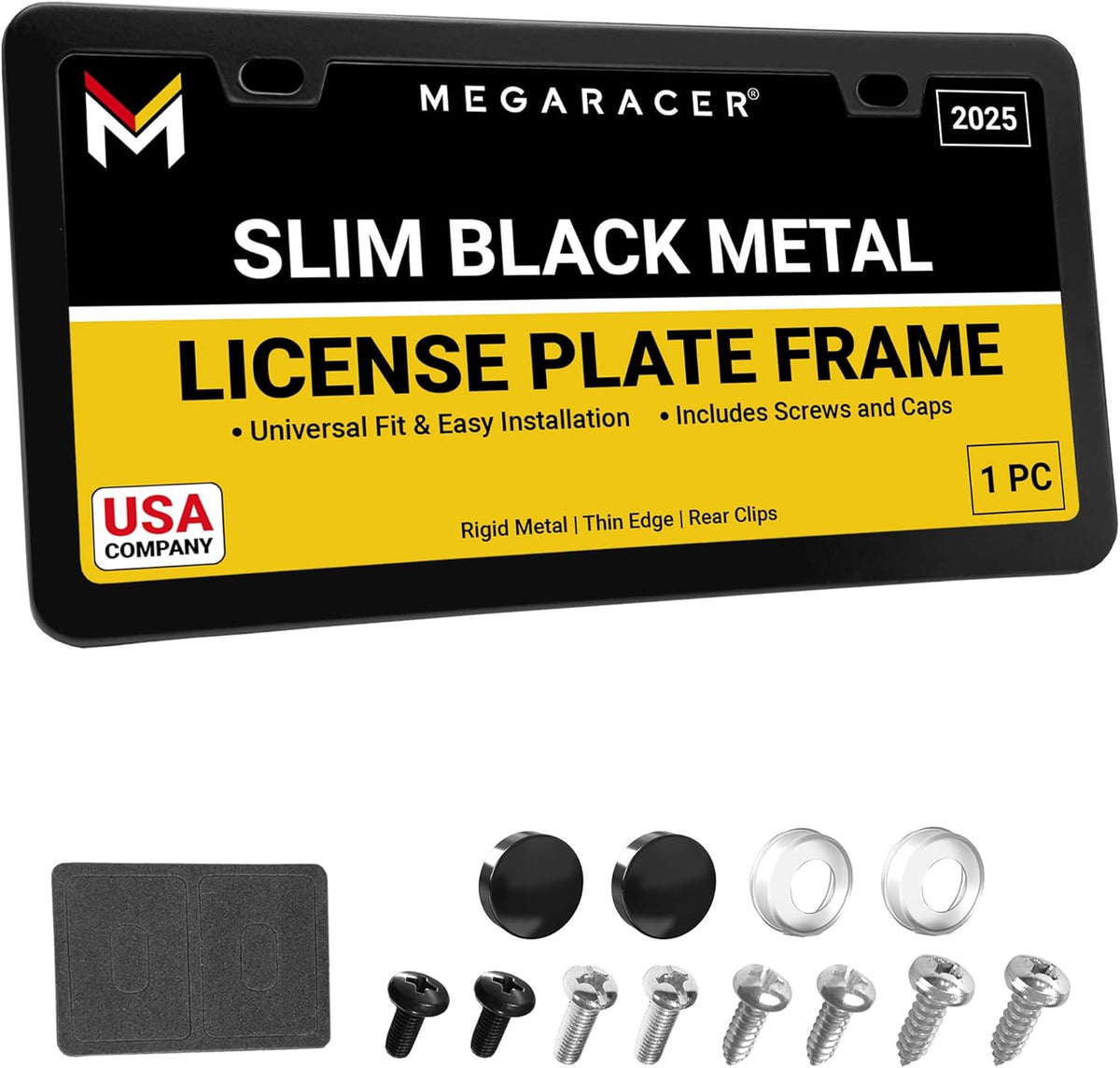 Premium Slim Matte Black License Plate Frame – 1 Pack, Rust-Free Stainless Steel & Rattle-Free, Street Legal, Universal with Screw Covers, Thin Edged Metal Front or Rear Car Tag Holder for Men & Women