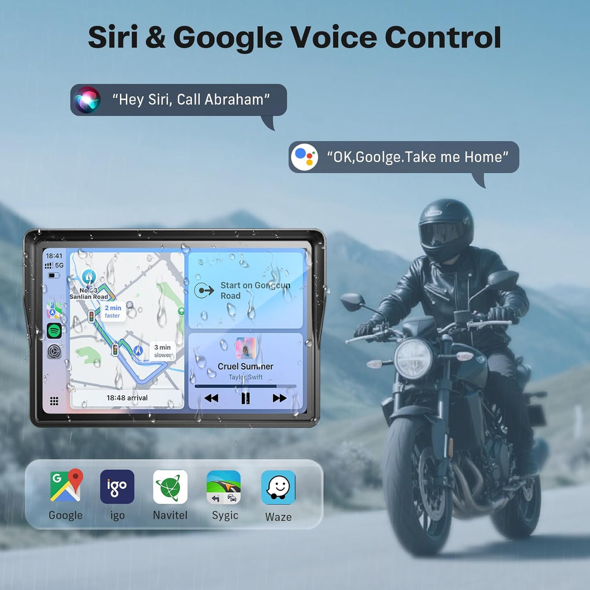 WonVon 5 Inch Motorcycle Carplay GPS Navigation System with Apple Carplay and Android Auto Portable Screen with Dual Bluetooth, Navigation, Siri, Google Assistant（Not Inchluded TPMS）