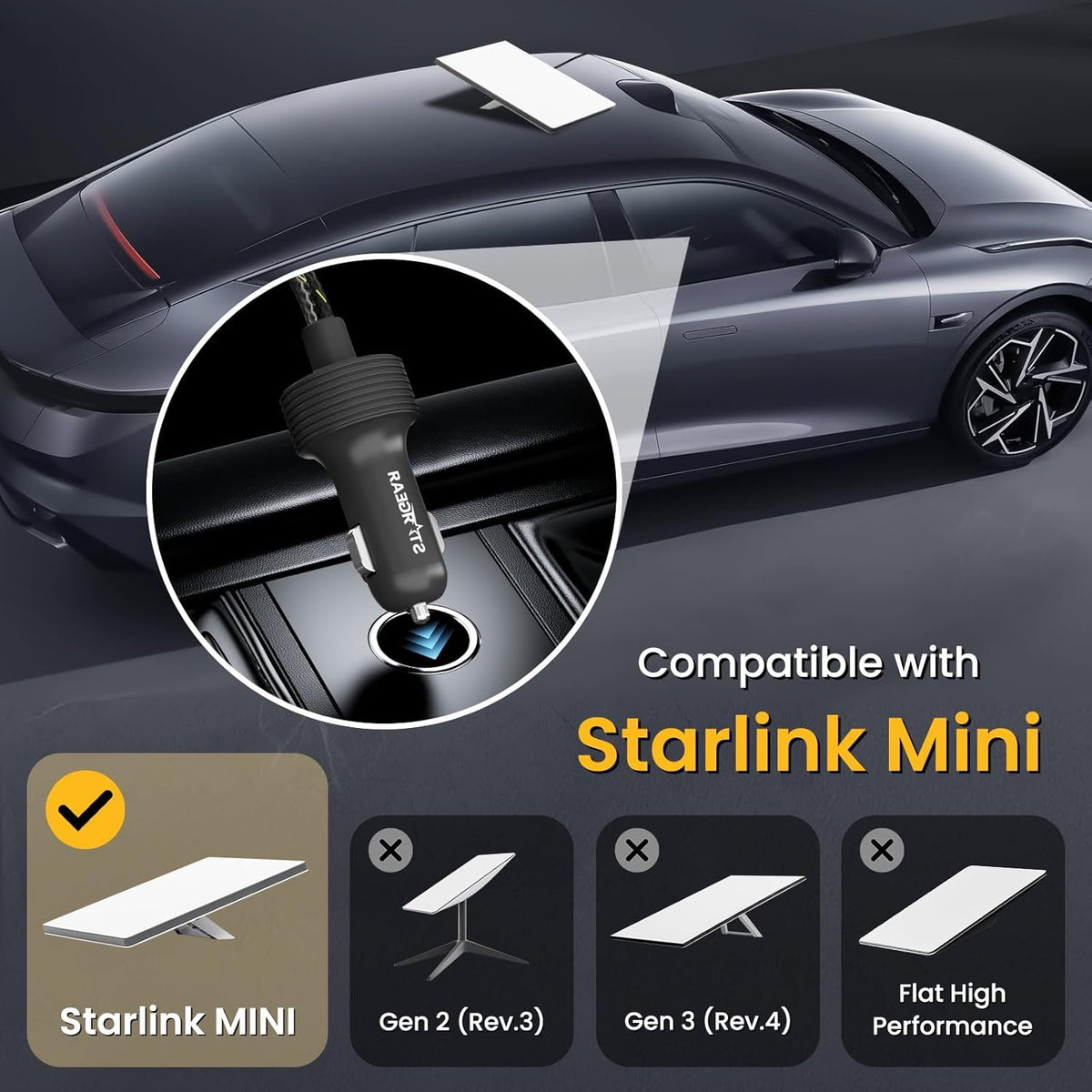 Starlink Mini Cable 12V Power Cable 3M/10FT, Braided Wear-Resistant Starlink Mini Accessories Cigarette Lighter to DC Cord, 12V-48V Car Charger Car Adapter