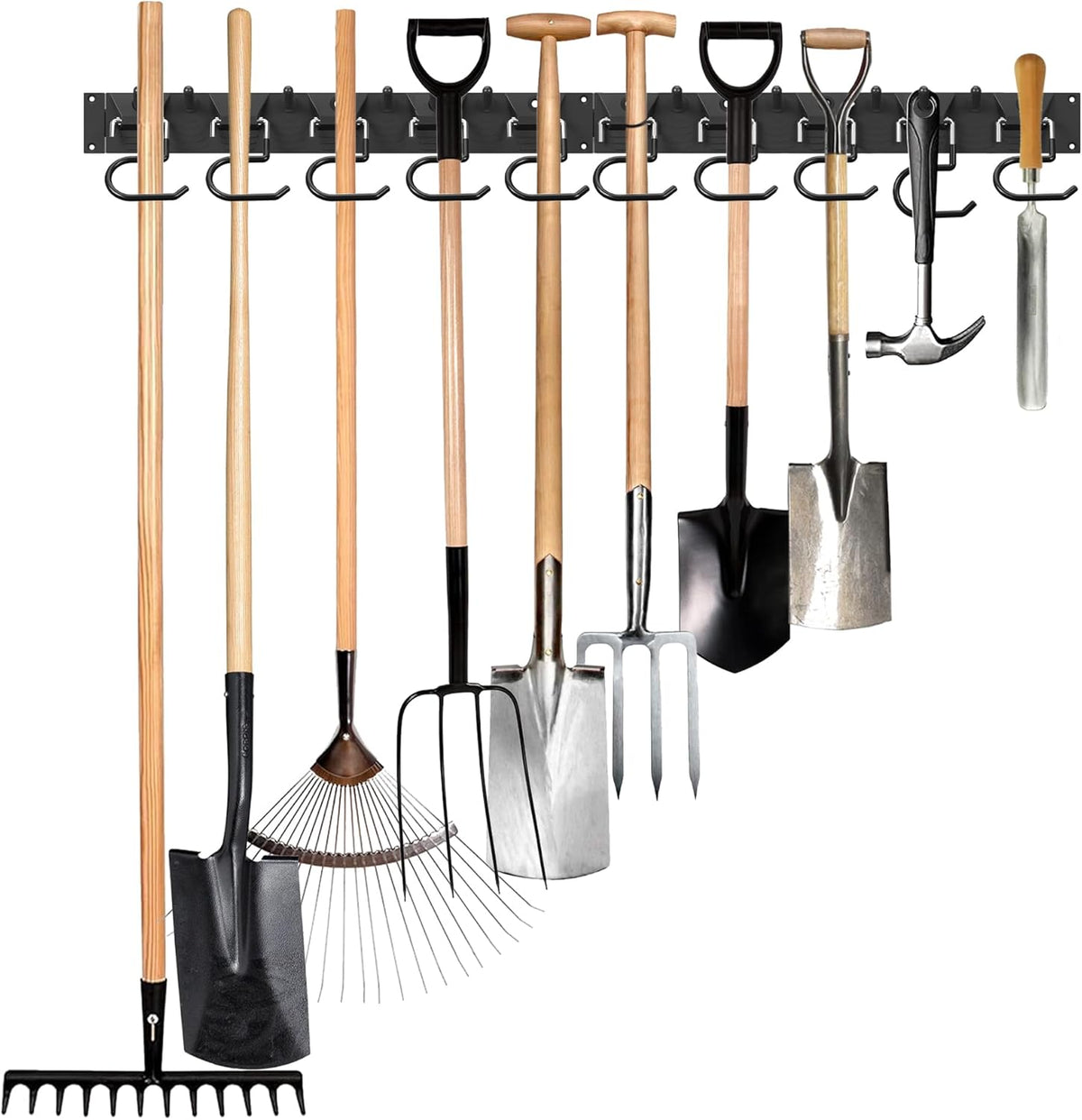 34 Inch Garden Tool Organizer Wall Mount with Non Slip Rubber Coated Metal Hooks, Storage Rack for Indoor/Outdoor Shovel, Rake, Mop and Broom Holder Wall Mount （ 10 Hooks+10 Holders