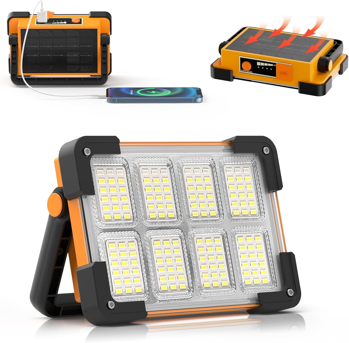 120W Solar Rechargeable Work Light, 144 LED 10000LM Led Work Light with 4 Modes, Portable Flood Light with Stand, IP66 Waterproof Outdoor Working Light for Emergency Mechanic Camping Repair (Yellow)