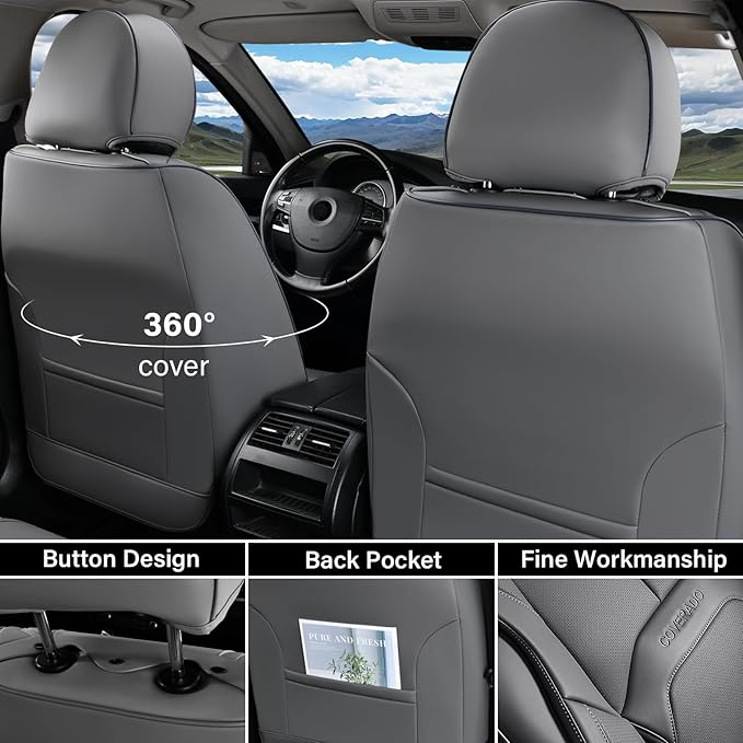 Coverado Seat Covers, Car Seat Covers Front Seats, Premium Nappa Leather Seat Covers for Cars, Waterproof Car Seat Protector with Lumbar Support, Front Seat Covers Universal Fit for Most Cars (Gray)