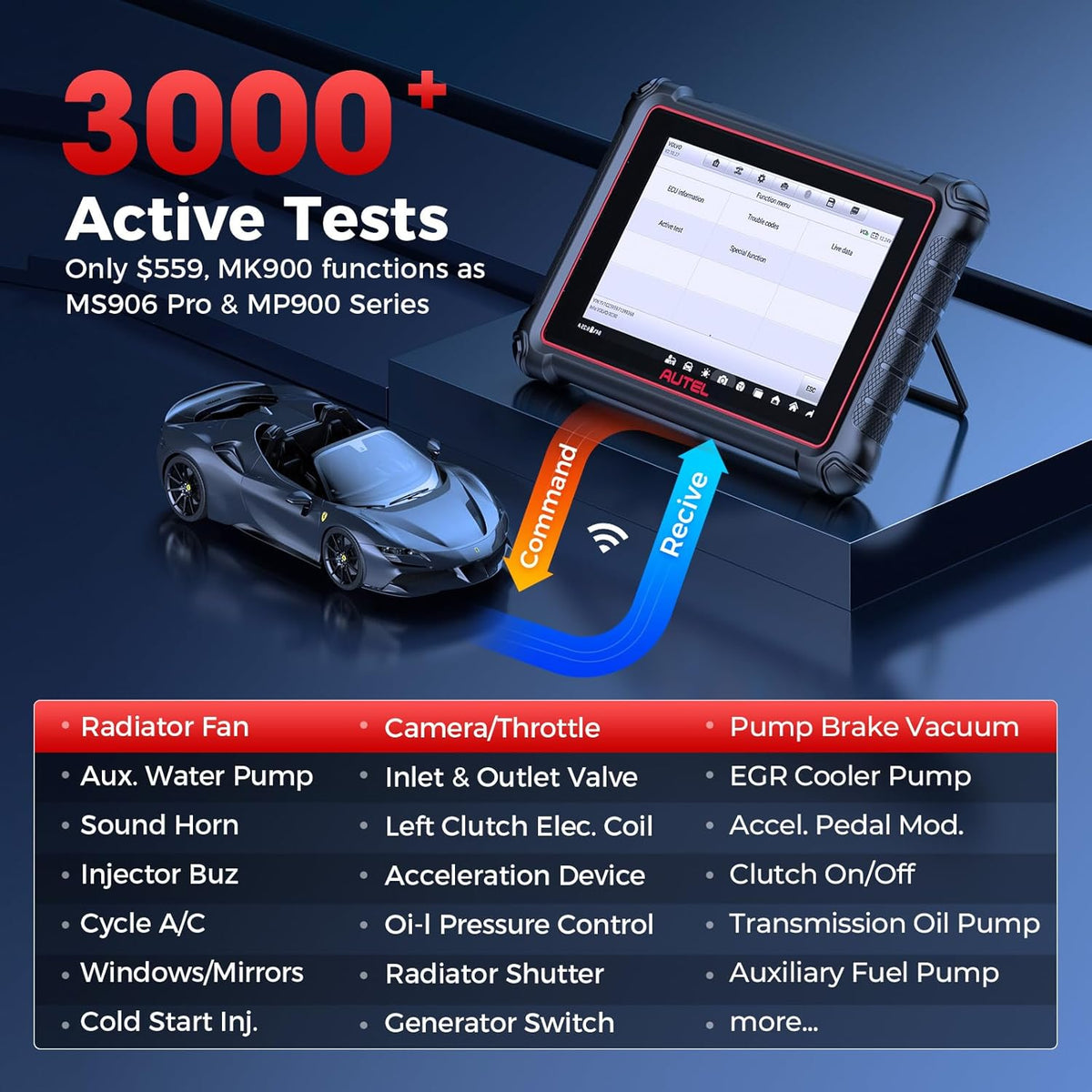 Autel Scanner MaxiCOM MK900: 2025 Same as MK900BT MK900-BT MX900 Bidirectional Diagnostic Tool, 8in Up of MK808S MK808BT Pro MX808S MK808Z, 3K+ Active Tests, 40+ Service, CAN-FD&DOIP, All System, FCA