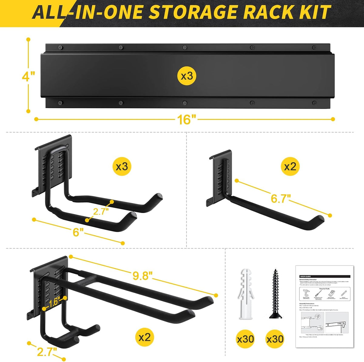 48 Inches Garage Storage, Garage Organization, Wall Mount Garden Tool Organizer, 440lbs Adjustable Heavy Duty Metal Hanging Hooks, Yard Rack Hanger System Shovel Rake Broom Ladder Holder, Men Gift