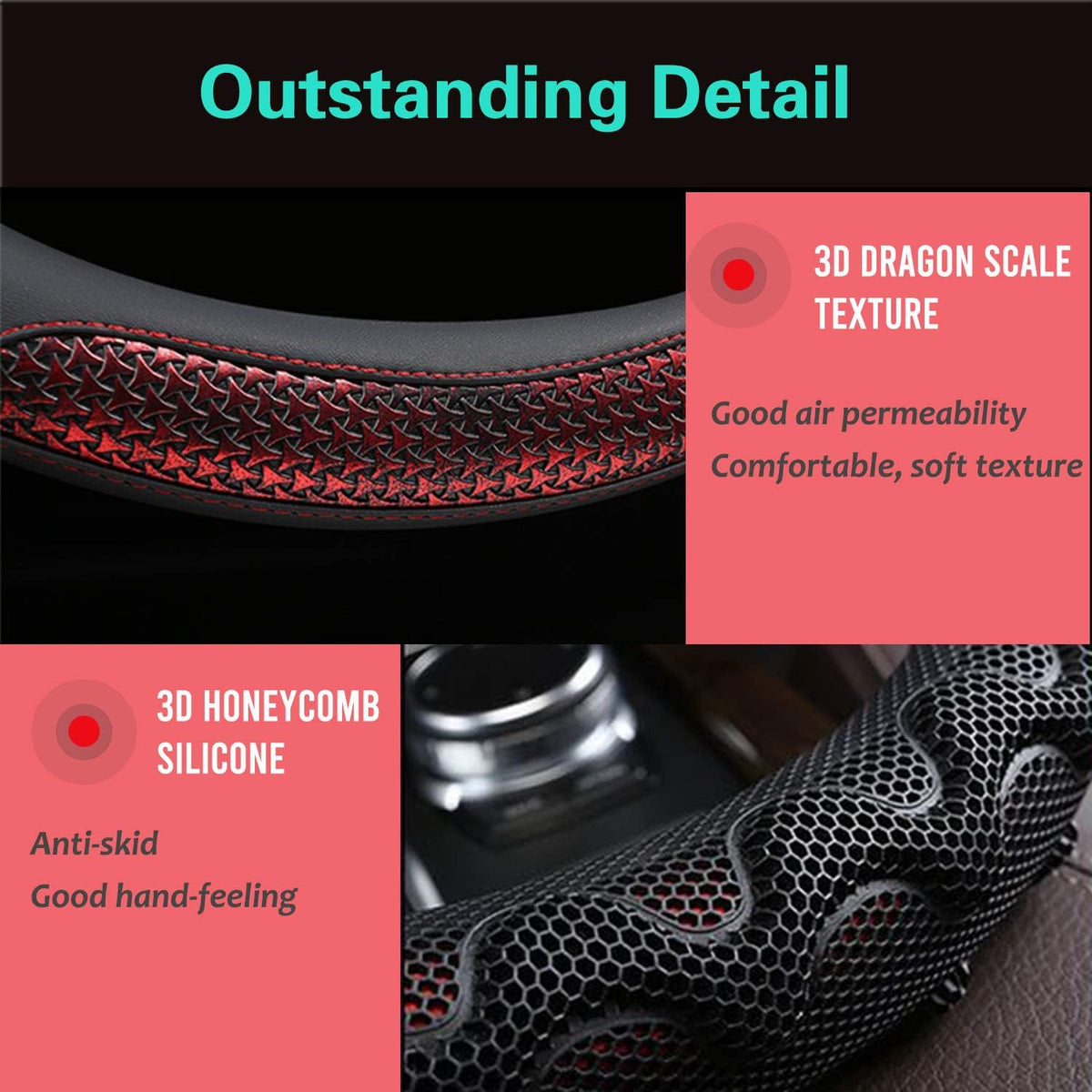 PINCTROT Large Size Steering Wheel Cover Great Grip with 3D Honeycomb Anti-Slip Design, 15.5-15.75 Inch (Wine Red)