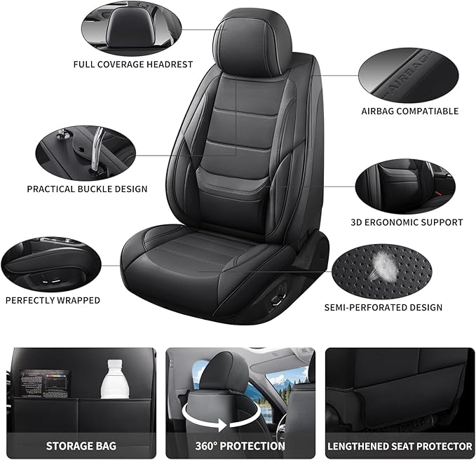 Car Seat Covers Full Set Custom Fit for Pontiac Vibe 2003-2010,Premium Faux Leather with Lumbar Support, Breathable, Anti-Slip & Soft Touch(Black,Fullset)