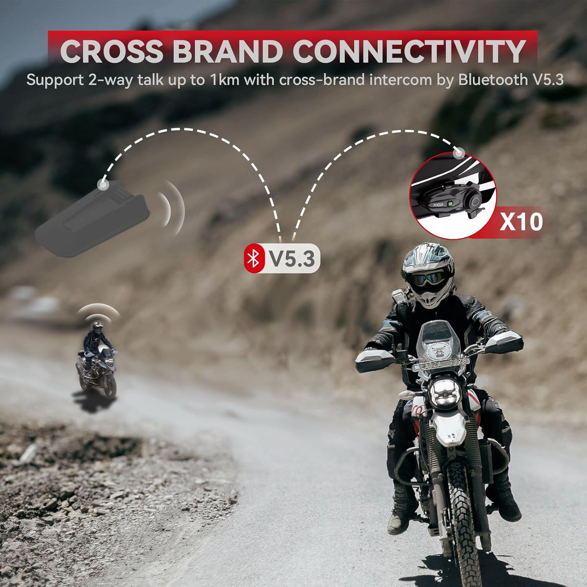 X10 10 Riders Group Mesh Motorcycle Intercom, 3000m Motorcycle Bluetooth Headset V5.3 with Audio Multitasking/Music Sharing, Helmet Communication Systems for ATV/Snowmobile/Ski, 2 Pack