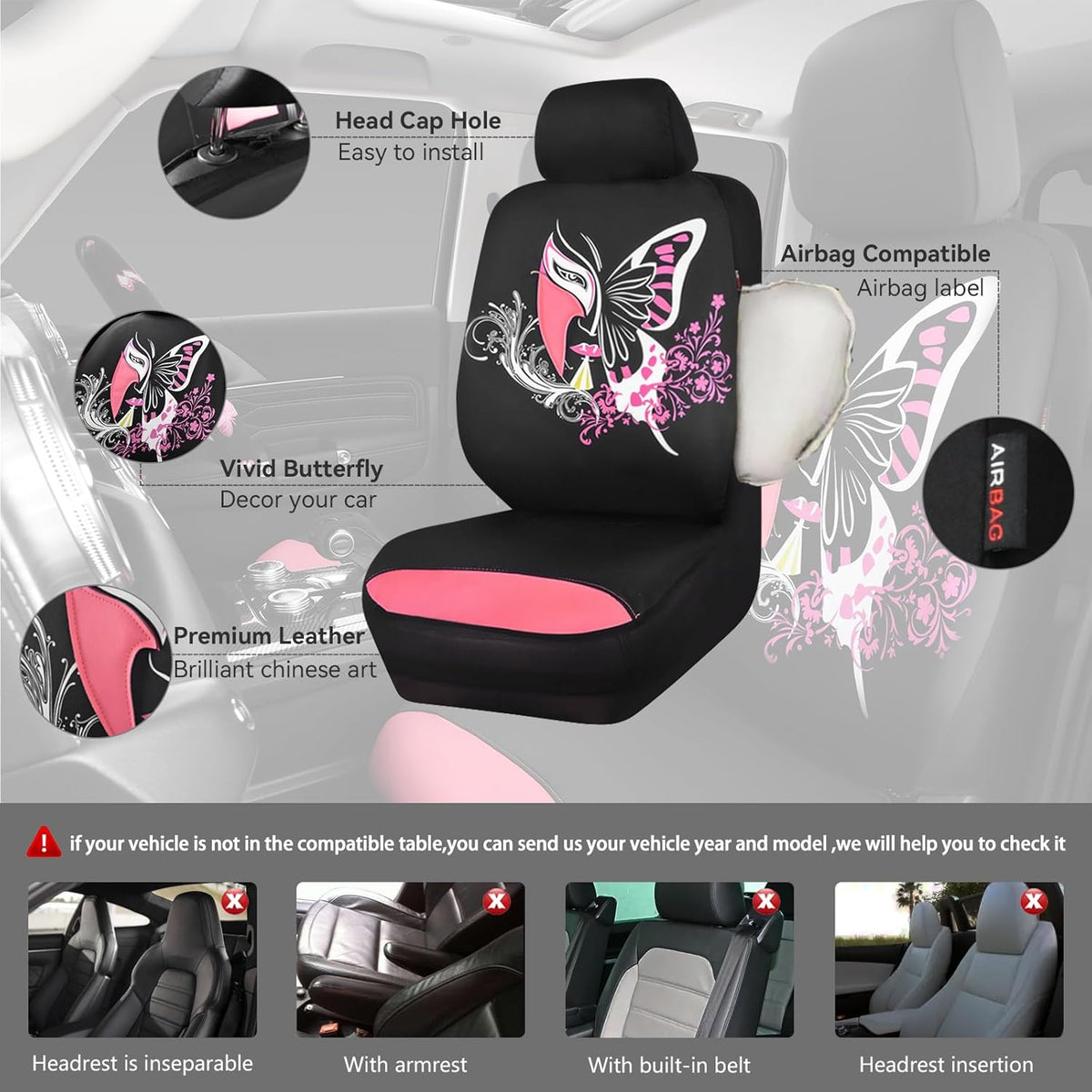 CAR PASS Pink Leather & Gaberdine Butterfly Car Seat Covers Full Set with Waterproof Car Floor Mats and Embroidered Butterflies Steering Wheel Cover for Interior Sets ((Black & Pink)