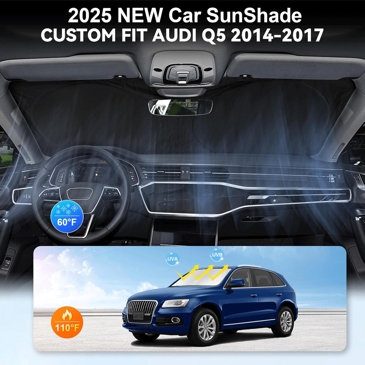 Custom fit Audi Q5 Windshield Sunshade for 2014 2015 2016 2017 Audi Q5/SQ5, Sportback SUV Shades Cover for Windshield Sun Visor Screen Protector 210T Reflective Blocks UV Rays Cool Car Accessories