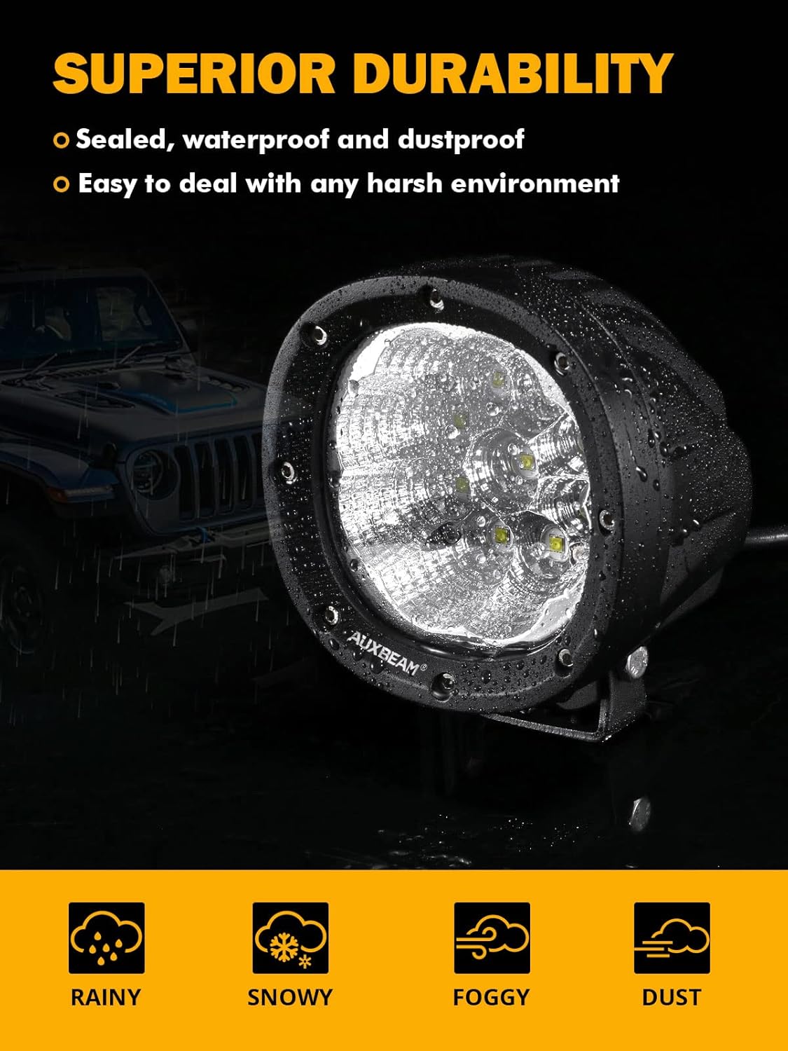 Auxbeam 4 Inch Round LED Light Pods, 90W Offroad Flood White Light Bar, Super Bright 9000LM Driving Work Light with DT Plug Wiring Harness Kit for Truck Boat Pickup ATV UTV SUV-2PCS