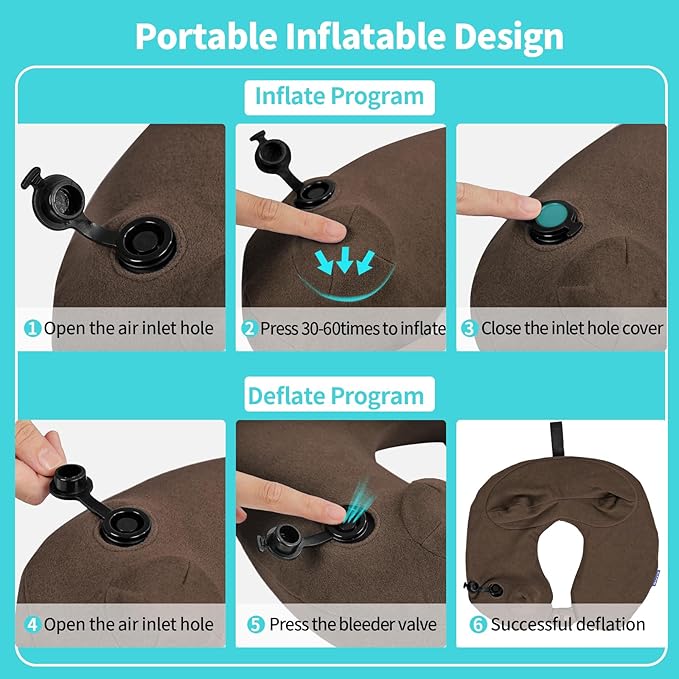 2 Pack Inflatable Travel Neck Pillows for Airplanes, Head Support Velvet Adult Neck Pillows for Long Flight, Kit with Eye Mask, Earplugs and Storage Bag, 2, Brown