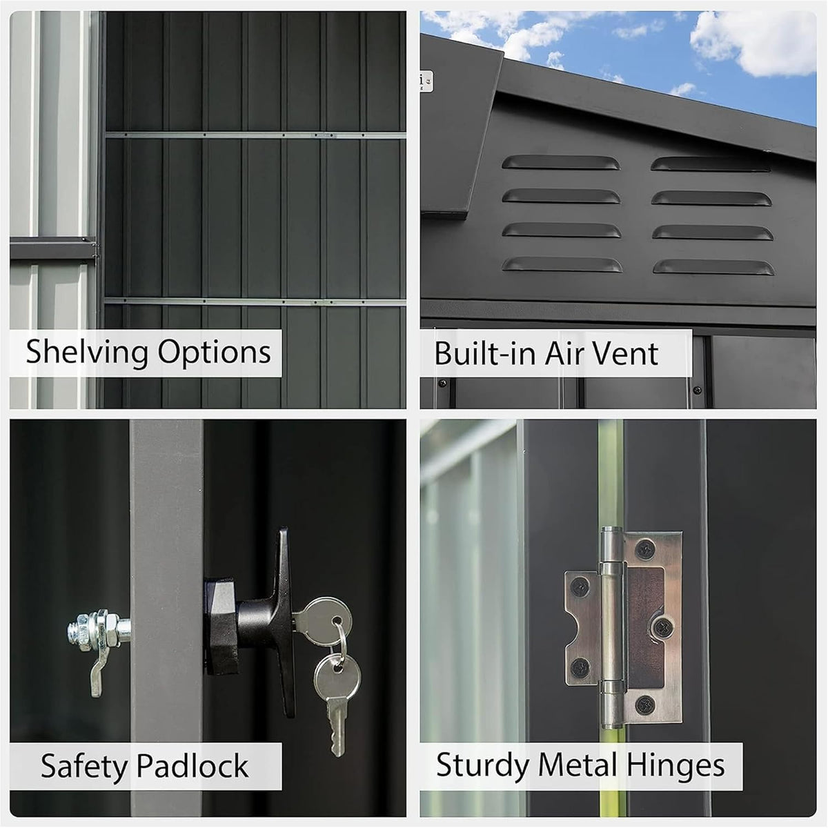 IKERY Galvanized Steel Storage Shed 8.2' x 6.2' with Lockable Door - Large Metal Garden Shed for Bikes, Trash Cans, Outdoor Storage - Backyard, Patio - Dark Gray