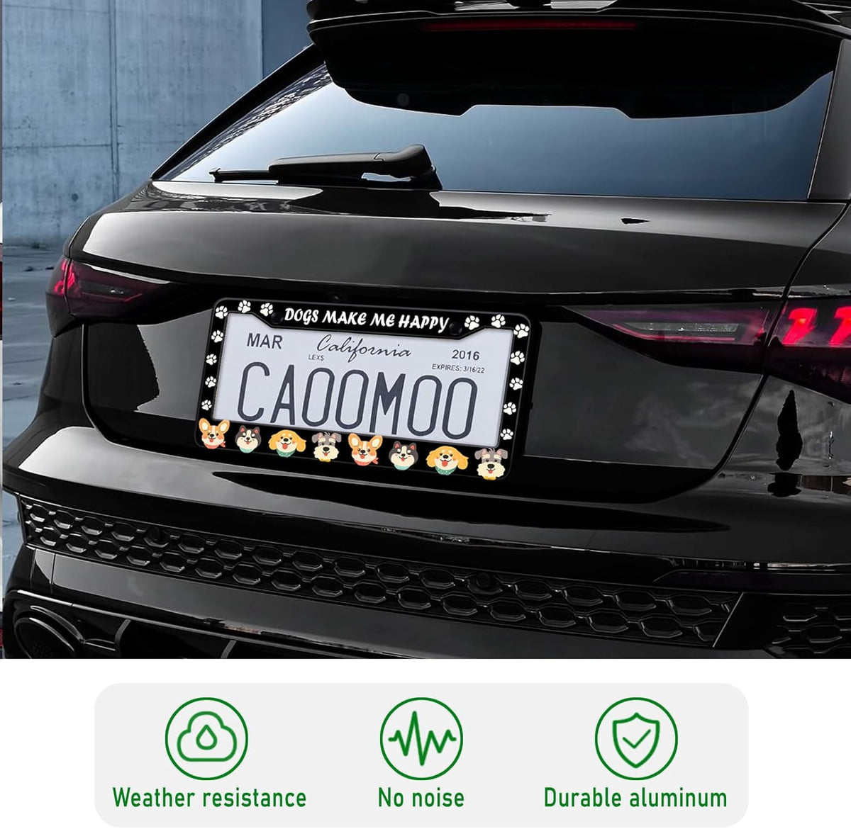 Dogs License Plate Frame, Lovely Puppies Dogs Paws Printed License Plate Holder Cover, Dogs Make Me Happy Metal Aluminum Rustproof Car Accessories for Women Men 2 Holes with Screw Caps