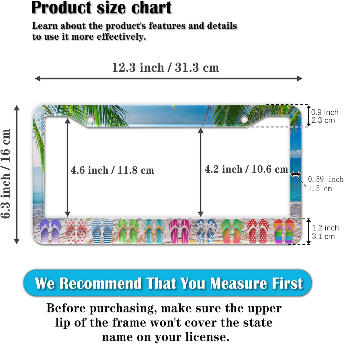 License Plate Frames Multicolor Car License Plate Frame Hawaii Beach Flip Flops Aluminum Metal Car Accessory 2 Pack with Screw Covers Set