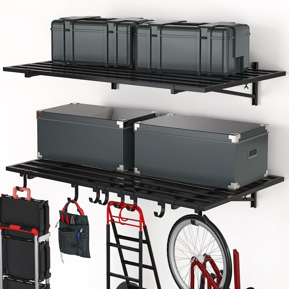 2 Pack Heavy Duty Garage Wall Shelves, 2' x 4' Wall Mount Storage Shelf with Hooks, Wall Organization System, Holds 250 lbs Each