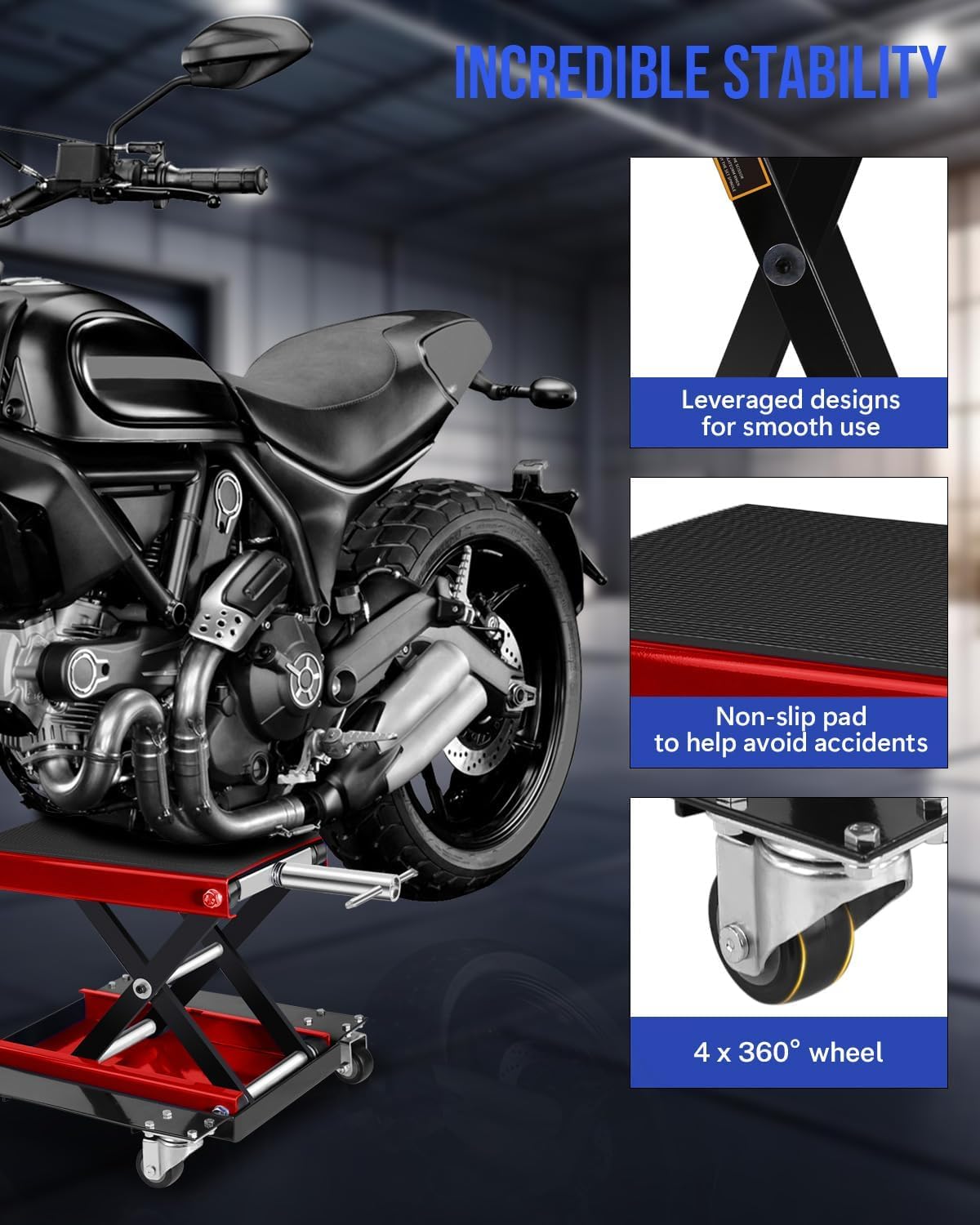 1100LBS Motorcycle Scissor Lift Jack with Dolly Wheels & Hand Crank, Heavy Duty Adjustable Bike Lift Stand with Foldable Non-Slip Platform for Cruiser, Dirt Bike, ATV Garage Repair