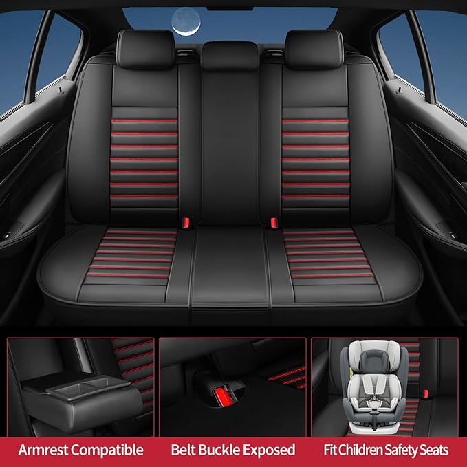Fit Kona Car Seat Covers for Hyundai Kona 2018-2024 2025 2026 - Upgraded Premium Waterproof & Breathable Leather,Airbag Compatible, All-Weather Seat Cushion Protector(Full Set,Black+Red)