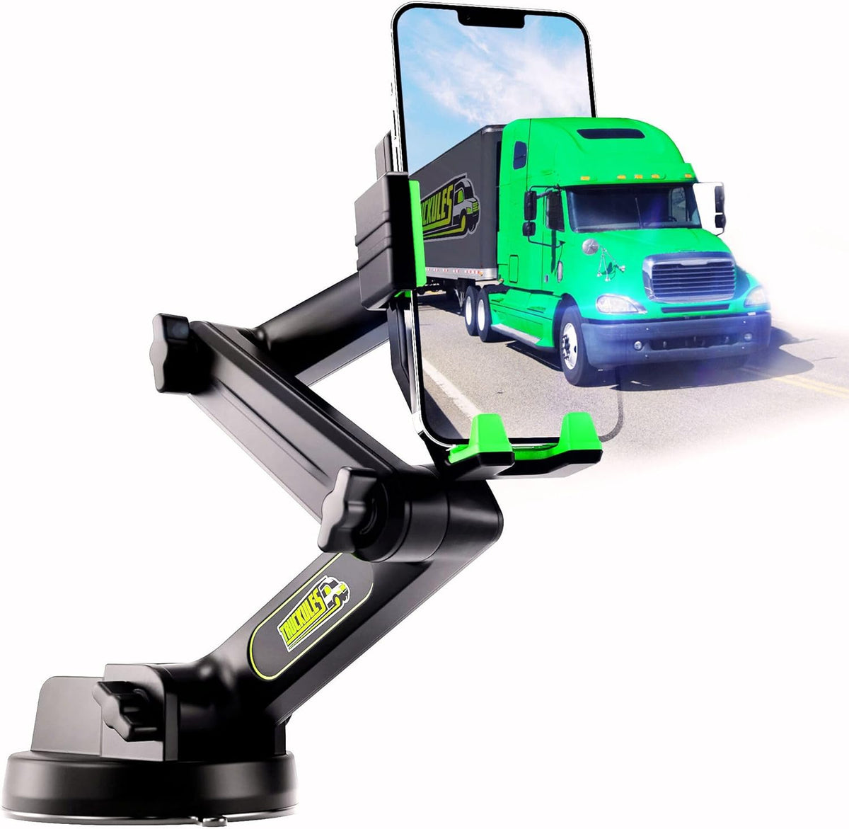 Phone Mount for Truck Phone Holder for Truck - Heavy Duty Super Suction Cup, Mobile Device Holder Dashboard Window 16.9 inch Long Arm & Stable, iPhone & Samsung Compatible, Semi Trucker, Green