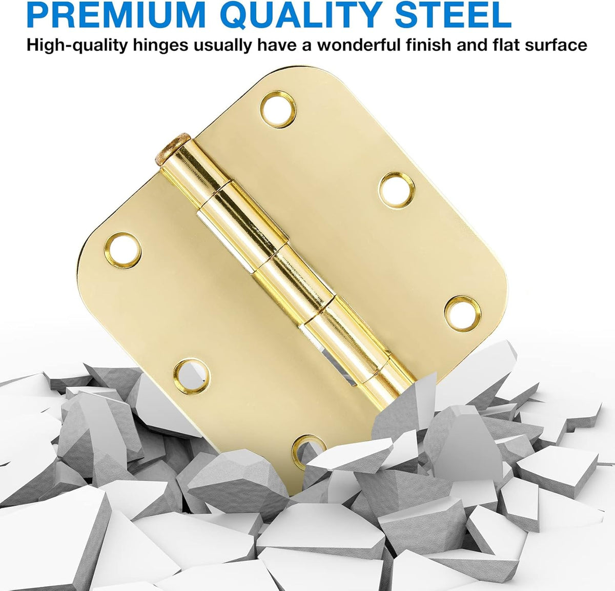 3 Pack Rounded Door Hinges 3-1/2" x 3.5 inch, 5/8 Radius, Polished Brass 3 ½ Inch Gold House Interior Hinge for Bed/Living/Guest/Pantry/Storage/Study/Work Room Doors Heavy Duty Steel Hardware Kit