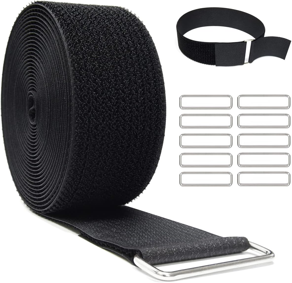 2" x32ft Reusable Cinch Strap with 20 Metal Buckles, Cut-to-Length Fastening Securing Straps, Adjustable Nylon Cable Straps and Cord Ties for Organizer or Storage, 2 inch Wide, Black