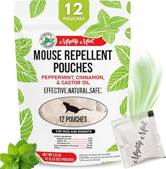 Mighty Mint Mouse Repellent Pouches – Peppermint, Castor Oil & Cinnamon Formula – Natural Indoor Deterrent for Mice and Rodents – Plant-Based, Long-Lasting Protection – 12 Count