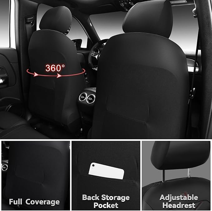 CAR PASS Luxury Nappa Leather Seat Covers Full Set, Water Resistant Faux Leather Seat Cover with Lumbar Support, Breathable Automotive Seat Covers Universal Fit for Sedan SUV Van Truck, Black Red