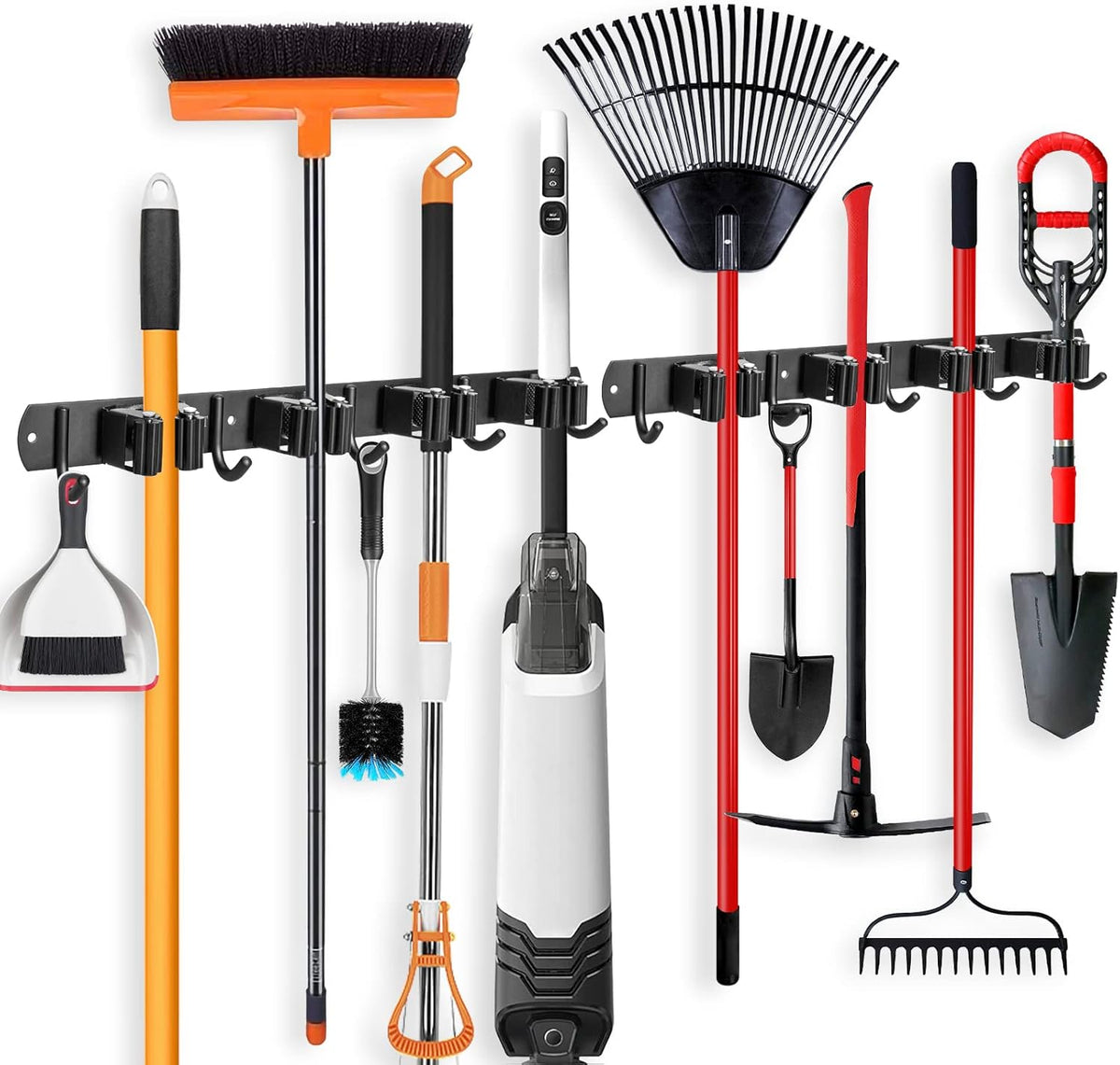 IMILLET 2 Pack Broom and Mop Holder Wall Mounted, Broom Holder Stainless Steel Broom Organizer Heavy Duty Tools Organizer Self Adhesive for Laundry Room Garage Garden（4 Racks and 5 Hooks）