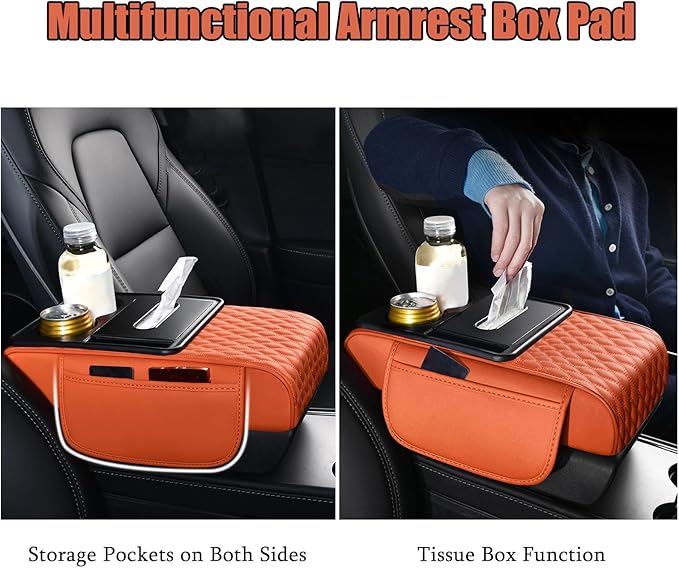Car Armrest Center Console Cover for Cadillac Escalade 1999–2025, Center Console Pad with Cup Holder, Multifunctional Armrest Cushion,E Beige