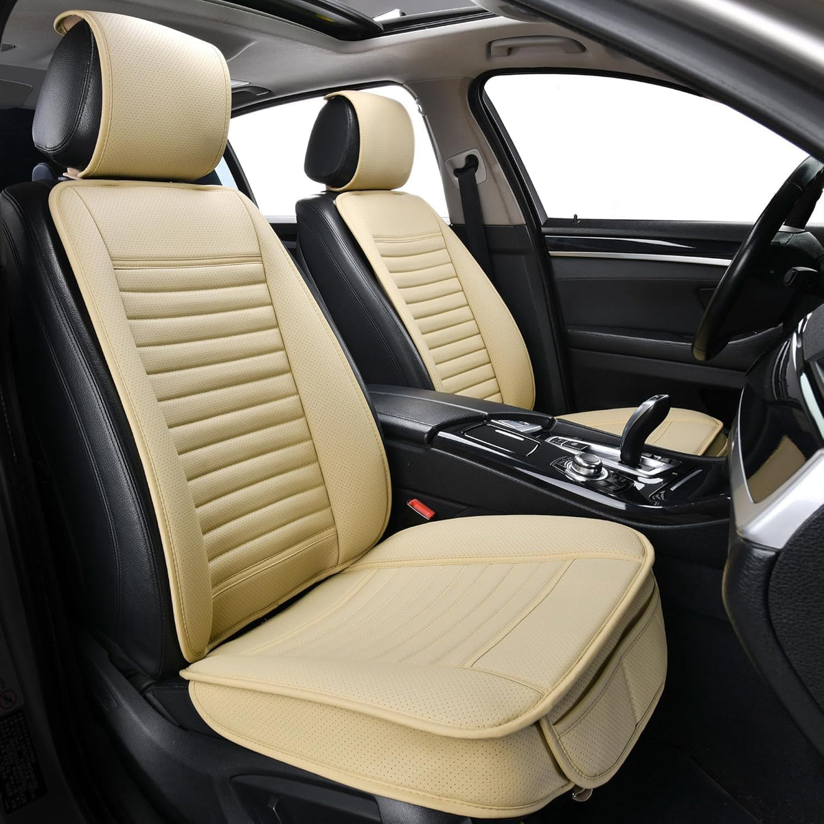 Universal Leather Car Seat Covers Full Set, Car Seat Cushion Covers Protector for Cars SUV Pick-up Truck Van Interior Accessories(Beige)