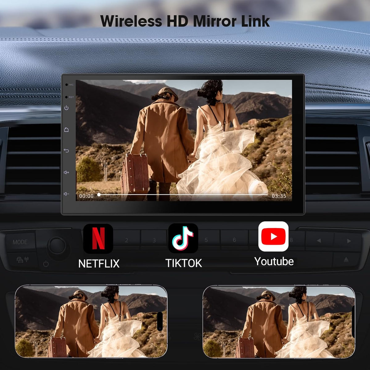 Wireless CarPlay Screen for Car & Android Auto Head Unit - Touchscreen 7 Inch Double Din Car Stereo with Backup Camera for All Cars(2+64GB)