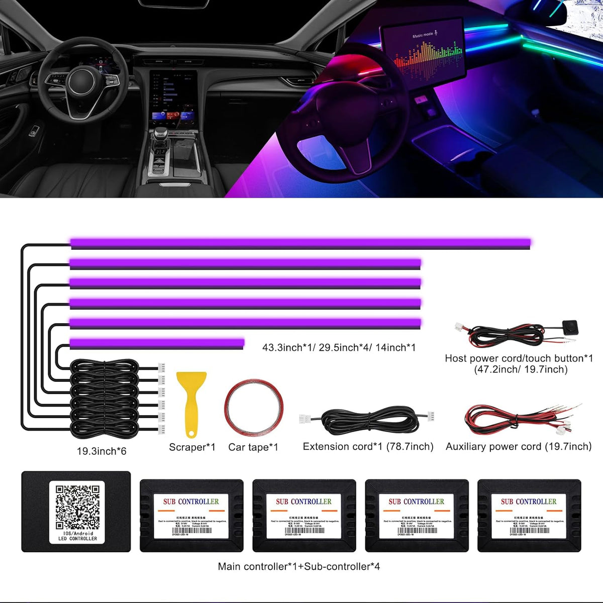 Acrylic Interior Car LED Strip Light with Wireless APP, RGB 6 in 1 with 175 inches 593 LEDs Fiber Optic Ambient Lighting Kits, 16 Million Colors Sound Active Function Car Neon Lights