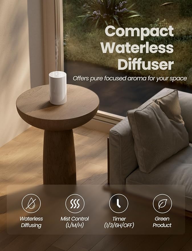 Waterless Essential Oil Diffuser, Portable Aromatherapy Diffuser with 20mL Capacity, Battery Operated Mini Scent Diffuser,3 Mist Levels & Timers, Leak-Free, for Home, Car, Office (White)