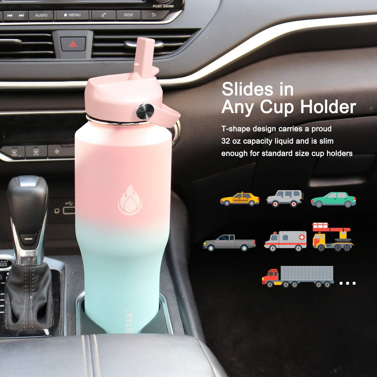 SENDESTAR 32oz Water Bottle Wide Mouth Stainless Steel Vacuum Insulated Double Wall with 2 Straw Lids Fit in Any Car Cup Holder TXIN-32-PB-1
