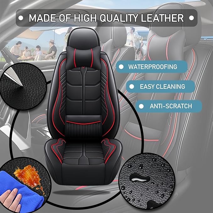 Leather Car Seat Covers Fit for Toyota Corolla Hatchback 2019-2024, 5 Seater Car Seat Cover, Premium Waterproof, Scratch Resistant Car Interior Accessories (Full Set with Pillow Black Red)