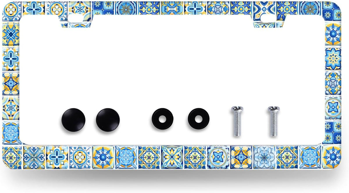 Blue White Mexican Tiles License Plate Frame Boho License Plate Holder Stainless Steel Colorful Car Accessories Decoration 6.3"X12.3" with 2 Holes Screws