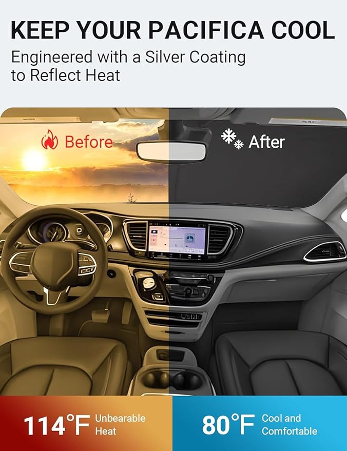 Proadsy 2026 Upgrade Windshield Sun Shade Custom Fit Chrysler Pacifica 2017-2025 2026 4-Layer Foldable Front Sunshade Protector Sun Visor Blocks UV Rays Keep Car Cooler Accessories