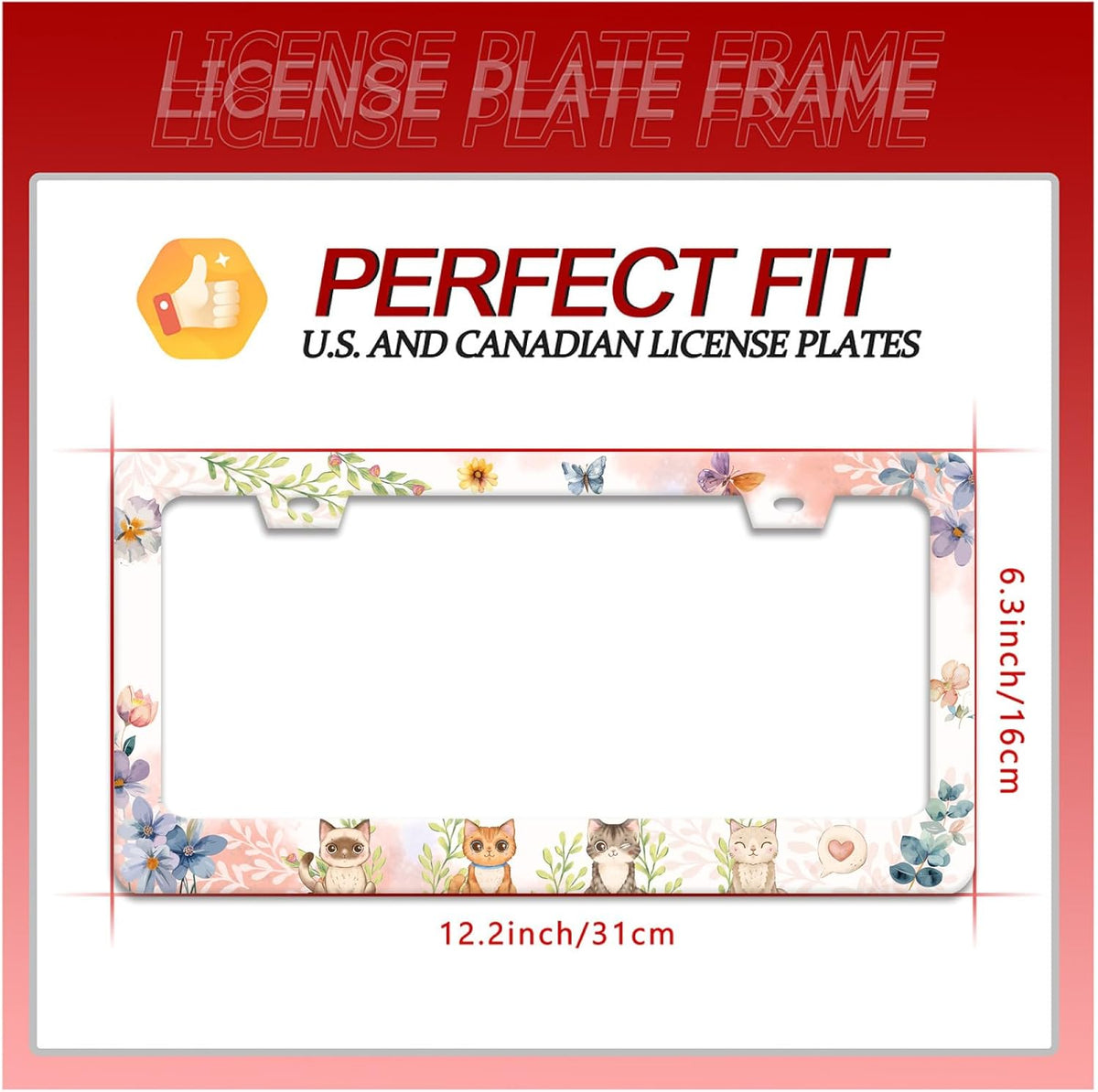 Cat License Plate Frame Beautiful Butterflies Flowers License Plate Holder Funny Personalise Car Stainless Stee Decorative Parts for Standard Us Canada Vehicles 12x6 Inch for Women Men