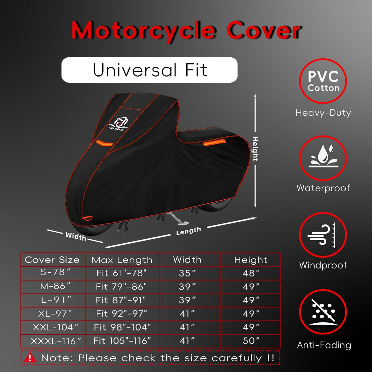 Motorcycle Cover | Heavy Duty PVC | Soft Inner Cotton | Waterproof Outdoor | All Season Universal | 4 Reflective Strips | 3 Windproof Straps | 1 Lock Hole | 1 Storage Bag | (Black, XXL, 104")