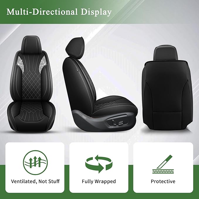 Bling Diamond Embroidered Seat Covers for Honda Civic 2003-2026, Full Set 5 Seats, Sparkle Rhinestone Breathable Perforated Faux Leather Car Seat Covers for Women (Black)