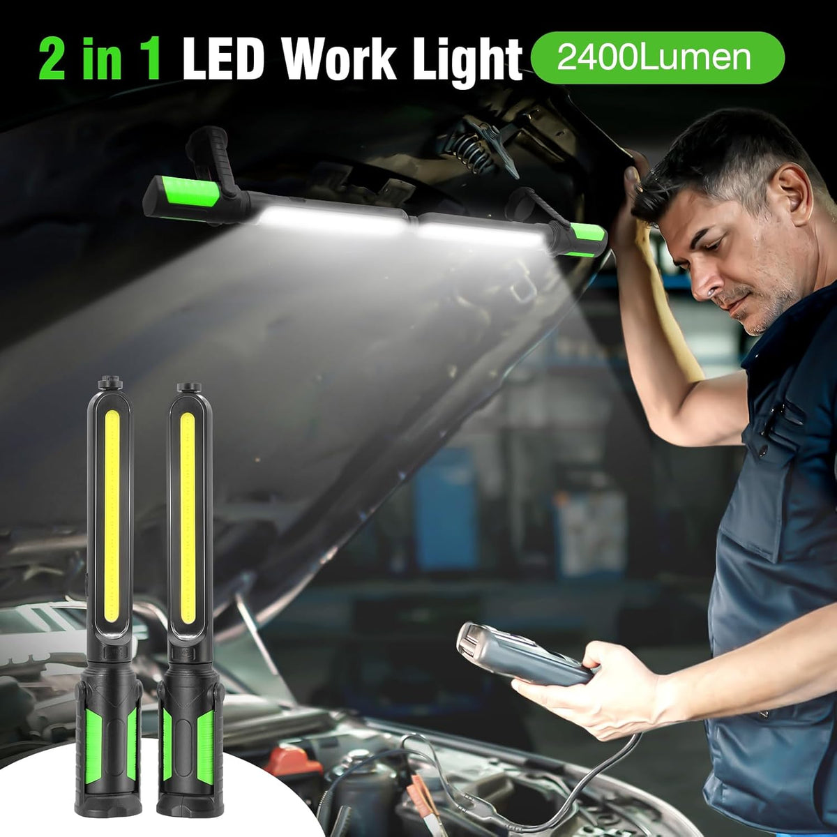 SYLSTAR Work Light for Mechanic, 2400LM LED, 4400mAh Rechargeable, Magnetic, Underhood Work Light with Hooks for Car Repairing/Inspection/Garage/Workshop/Emergency