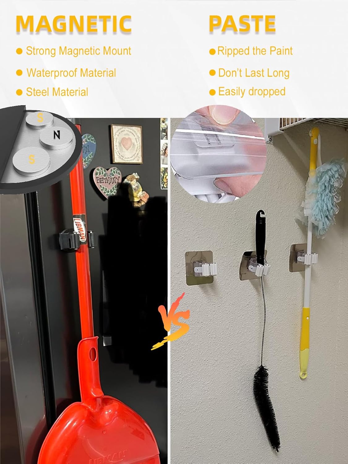 Mop Holder Magnetic, Magnetic Broom Holder for Fridge - Heavy Duty Magnetic Broom Holder Black Steel Magnetic Tool Mount for Home, Kitchen, Laundry, Garage, Workshop - 2 Pack/Black+Grey