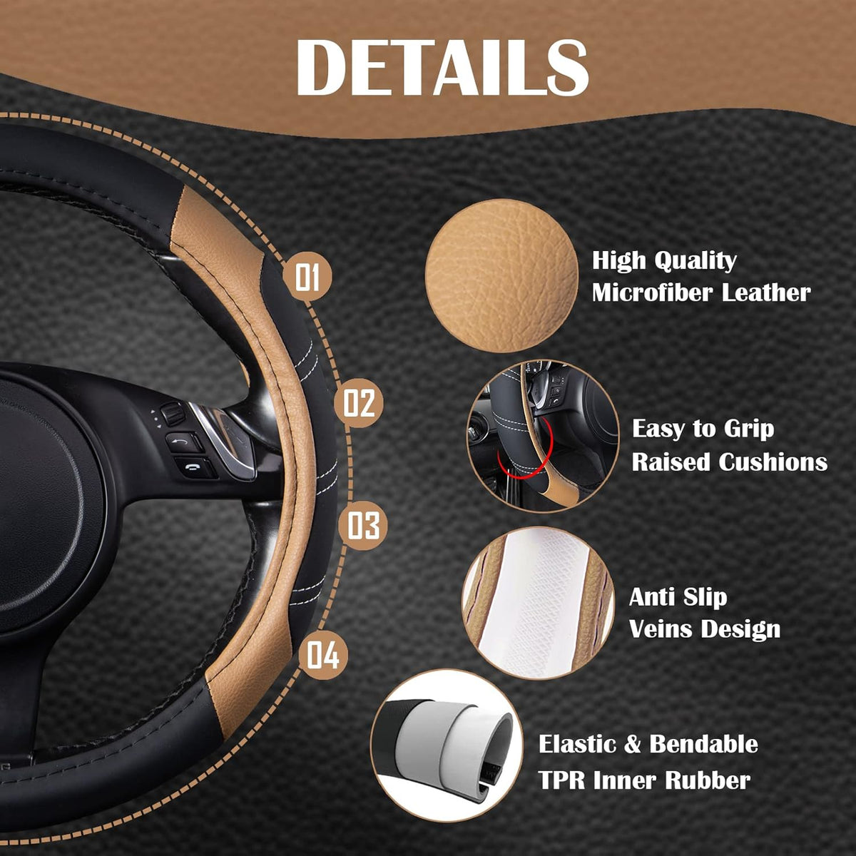CAR PASS Line Rider Microfiber Leather Sporty 14.5-15 inch Steering Wheel Cover Universal Fits for 95% Truck,SUV,Cars, Anti-Slip Safety Comfortable Design (Black Beige)