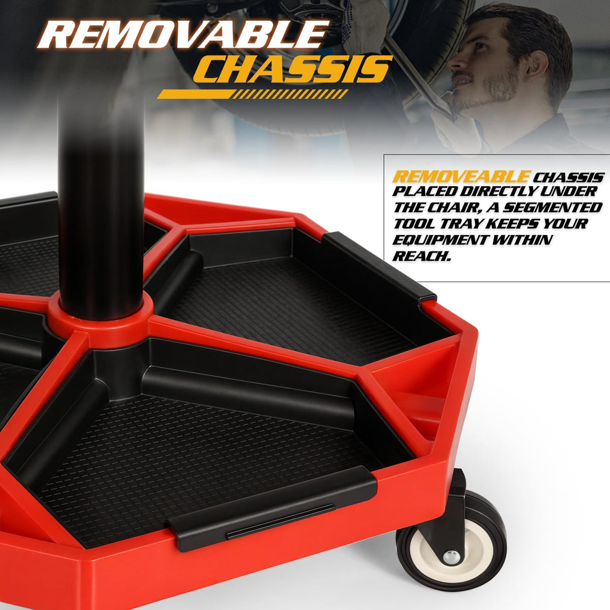 Magshion Adjustable Mechanics Stool with Wheels – 300 lbs Capacity Rolling Shop Stool for Garage & Workshop, Pneumatic Height Adjustable Work Chair with Tool Tray (Red)