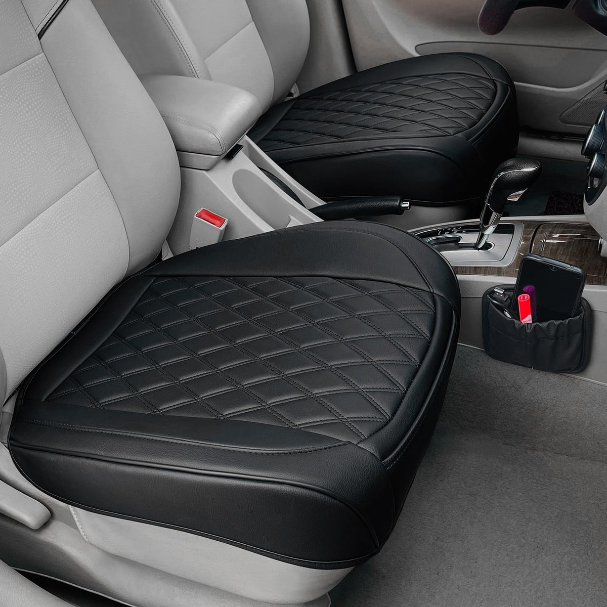 2 Pack Leather Front Car Seat Cover, Anti-Slip and Full Wrap Driver Car Seat Protectors with Storage Pocket, Luxury Waterproof Bottom Auto Seat Cushion Pad Mat for Most Vehicles(Black)