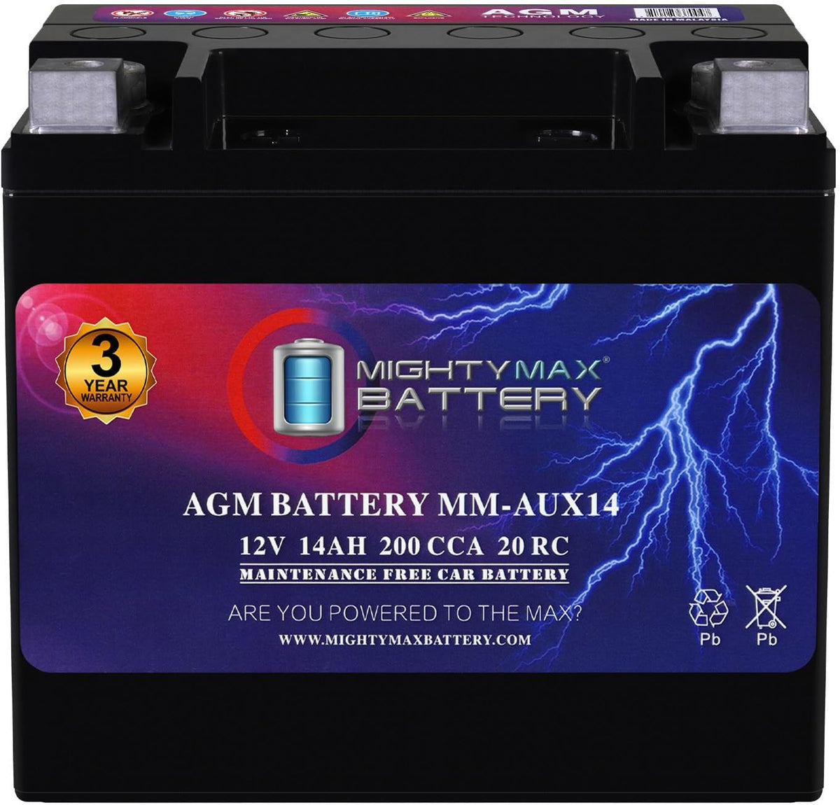 Mighty Max Battery MM-AUX14 Auxiliary Battery 12V 14Ah, 20RC, 200 CCA Rechargeable AGM Car Battery